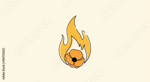 A minimalist vector graphic illustration of a poppy flower engulfed in flames, symbolizing remembrance and sacrifice.