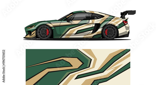 Sleek camouflaged race car with geometric livery and dynamic styling on a track.