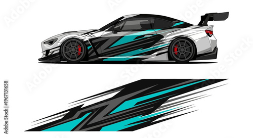 Sleek race car with blue teal angular graphics and aerodynamic design for high speed performance.