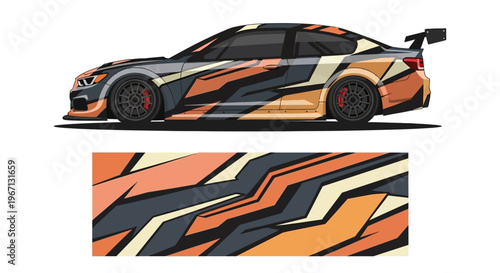 Sleek orange and black race car with dynamic wrap design and bold livery.