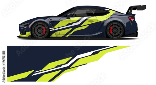 High-contrast neon livery race car with striking yellow and blue graphics and aerodynamic design.