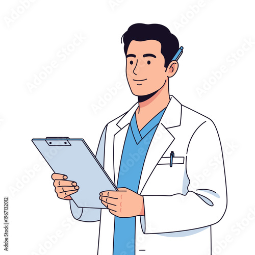 Doctor Holding Clipboard, Medical Professional in Lab Coat with Pen, Healthcare Concept