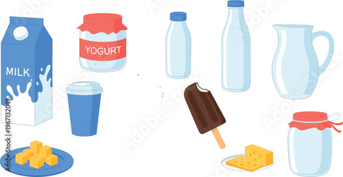 Dairy Products Milk Yogurt Cheese Ice Cream Bottle Vector Illustration Set