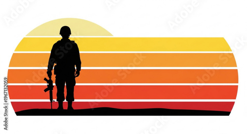 A soldier stands in silhouette against a vibrant sunset with horizontal stripes, holding a rifle.