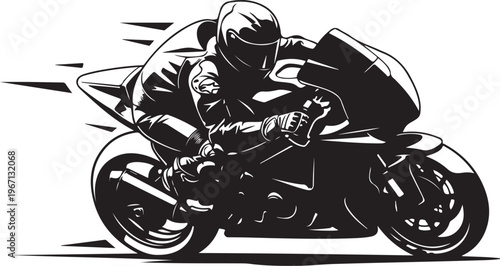 Black and white of motorcyclist riding fast motorcycle