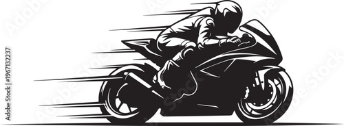 Black and white of motorcyclist riding fast motorcycle