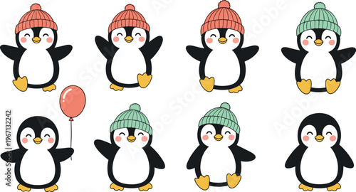 Cute Penguin Character Set with Winter Accessories