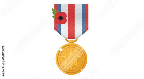 A vector graphic illustration of a gold medal with a red poppy on a striped ribbon, symbolizing honor and achievement.