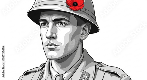 A grayscale illustration of a soldier wearing a helmet with a red poppy on Remembrance Day