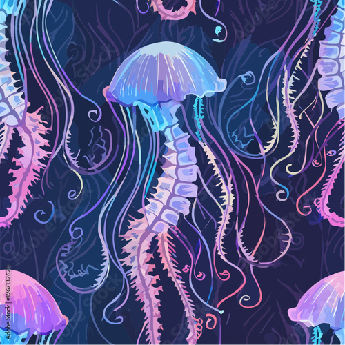 Seamless Bio-Luminescent Texture with Neon Electric Blue and Purple Jellyfish Patterns