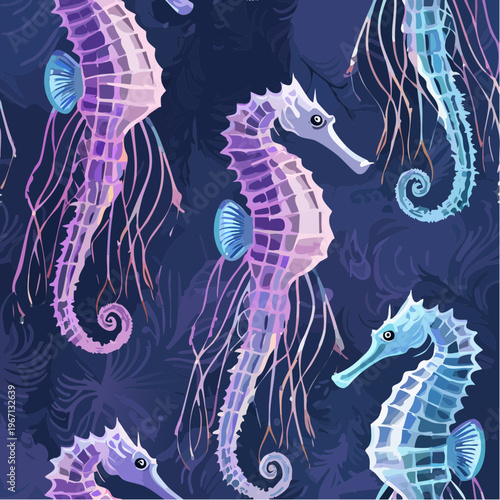Seamless Bio-Luminescent Texture with Neon Electric Blue and Purple sea horse Patterns