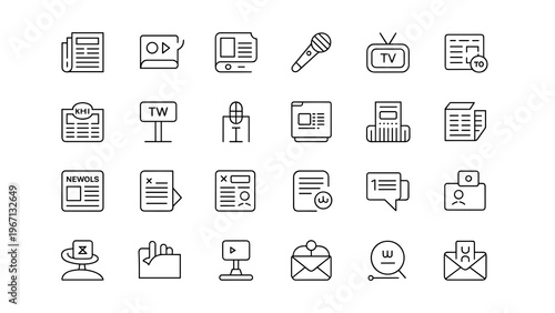 Media and Journalism Icons 30 Line Symbols News Report TV Broadcast Vector Set