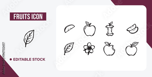 Collection of simple line-drawn fruit and leaf icons for editable stock graphics Web