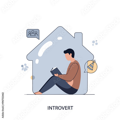 Introvert reading book inside house silhouette, social isolation, quiet hobby