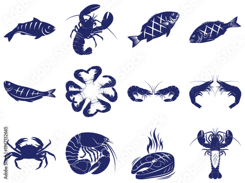 Blue seafood on white background fish lobster shrimp