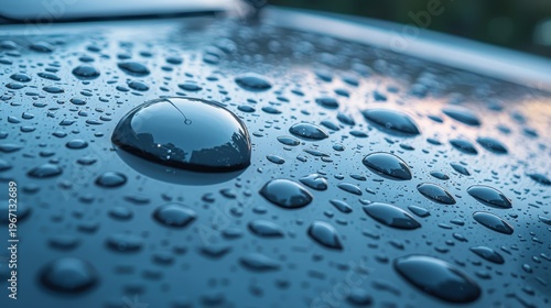 Rain shedding coated surface with macro water droplets beading on blue metallic car hood showing perfect spherical formation and hydrophobic properties