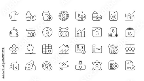 Financial Planning and Accounting Icons 30 Line Symbols Budget Investment Vector Set