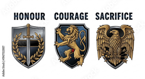 A vector graphic illustration of three military emblems with the words Honour, Courage, Sacrifice