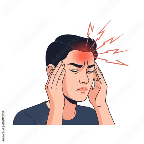 Man suffering from headache, touching temples with closed eyes, pain illustration
