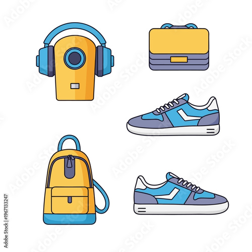 Modern Accessories Collection: Headphones, Backpack, Briefcase, Sneakers