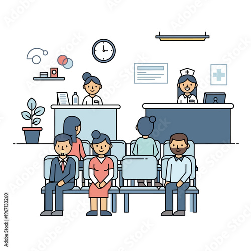 Medical Clinic Waiting Room Scene with Patients and Staff
