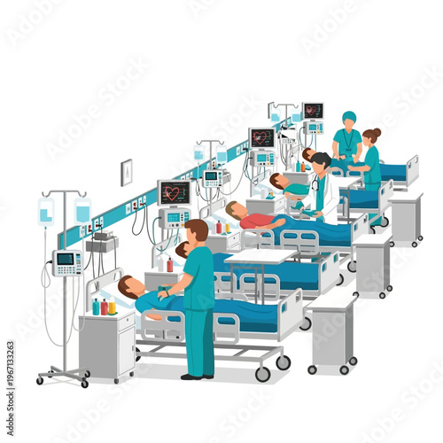 Intensive Care Unit with Patients, Nurses, and Medical Equipment