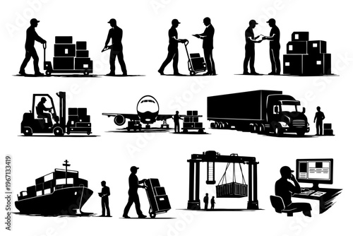 Silhouettes of logistics and transportation operations with workers and vehicles.