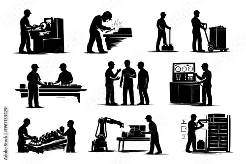 Industrial workers in various manufacturing roles silhouette.