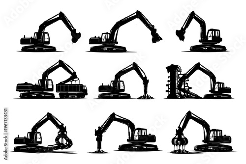Various excavator silhouettes showcasing construction equipment functions.