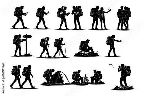 Silhouettes of hiking couples on adventure with backpack and tent.