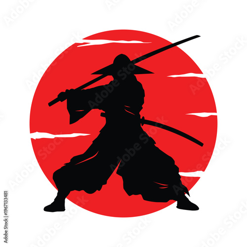 Disciplined warrior silhouette, embodying strength and martial arts against a symbolic red circle background, reflecting heritage