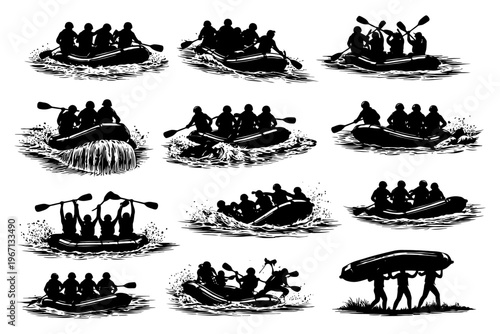 Silhouette collection of rafting teams navigating rapids in various poses.