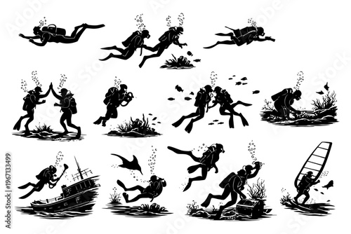 Silhouettes of scuba divers exploring underwater scenes and activities.