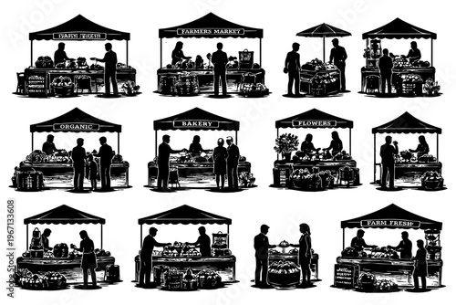 Silhouette of various farm market stalls with vendors and shoppers.