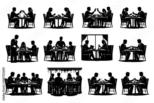 Silhouettes of diverse groups dining together in various settings.