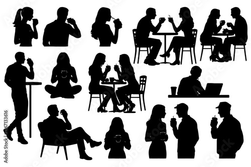 Silhouettes of diverse adults socializing and enjoying coffee together.