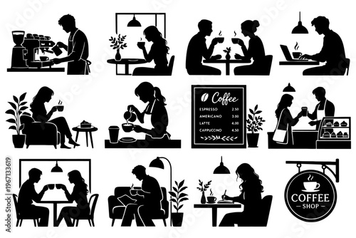 Silhouettes of diverse cafe activities and social interactions.