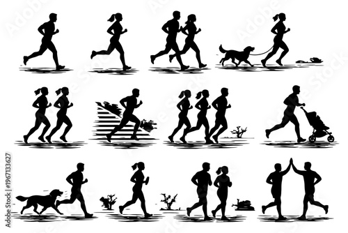 Silhouette runners and joggers with diverse activities outdoors.