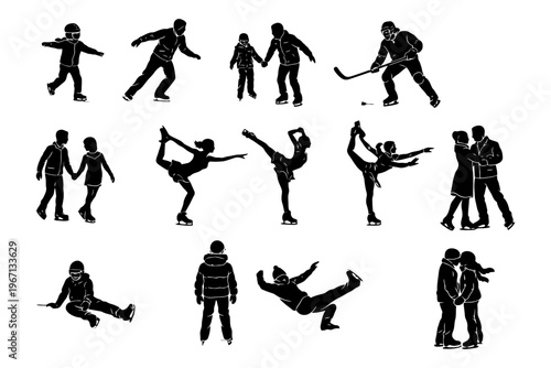 Silhouettes of diverse people ice skating and playing hockey.