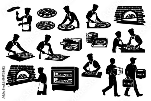 Black and white illustrations of male pizza chefs preparing and delivering pizza.