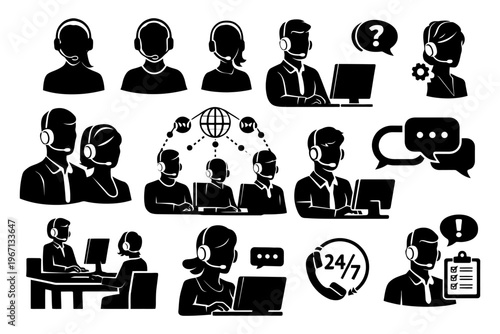 Call center icon set featuring diverse professionals with headsets and customer support elements.