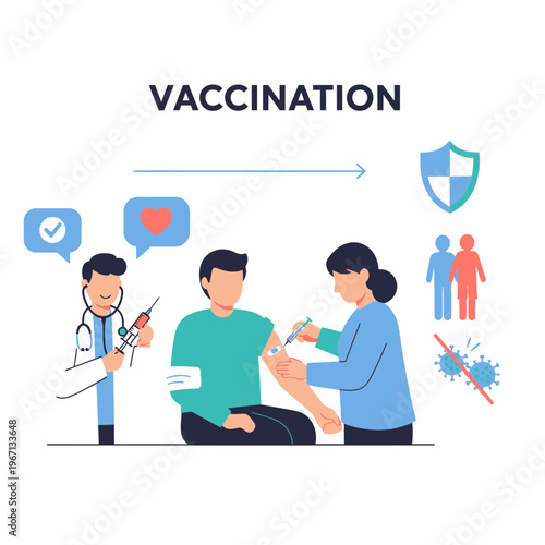 Medical Vaccination Concept: Doctor Administering Vaccine Shot to Patient, Health Protection Icon