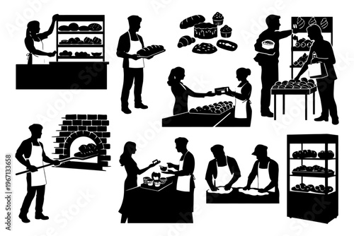 Bakery silhouettes with bakers and customers engaged in bread and pastry activities.