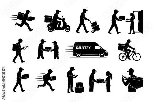 Silhouette illustration of various delivery methods and couriers.