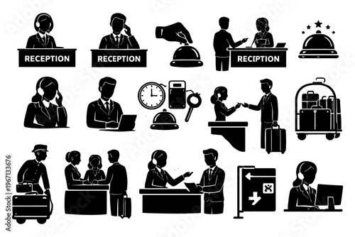 Hotel reception desk scenes: staff interactions and guest services illustrations.