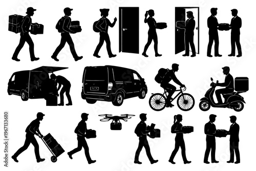 Silhouetted delivery methods: people, van, bicycle, scooter, drone.