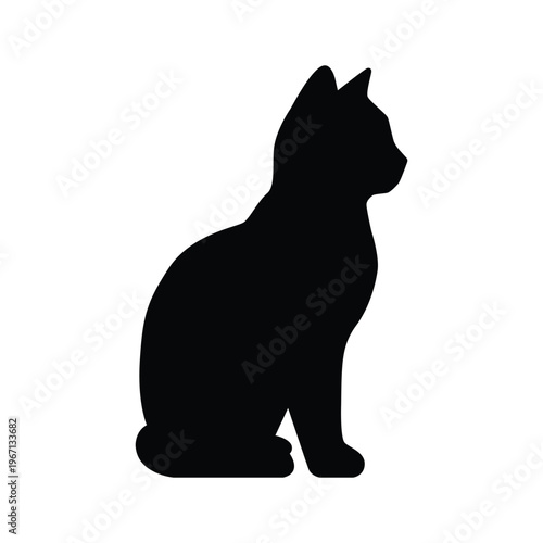 Elegant black cat silhouette illustration, a sleek feline sitting in profile, a minimalist graphic design element perfect for pet-themed logos, emblems, and decorative imagery