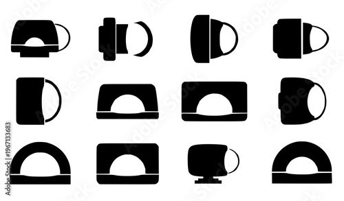 A collection of 16 black and white vector graphic icons featuring various award and achievement symbols with arrows and ribbons on a plain white background