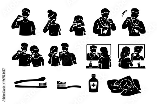 Silhouette illustrations of toothbrushing by various people and dental hygiene tools.