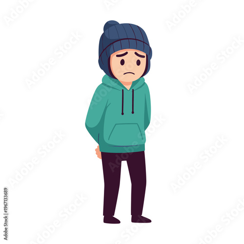 Sad boy wearing winter hat and hoodie, looking down, isolated on white background